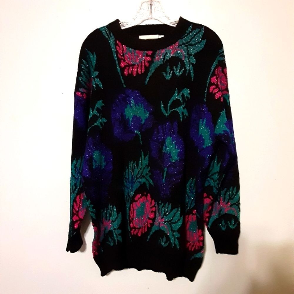 Vintage 80s Distinctly Different Floral Metallic Sweater No Size Tag